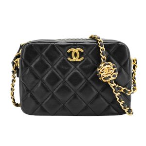 CHANEL-小羊皮編織金球鍊條相機包(黑/金)